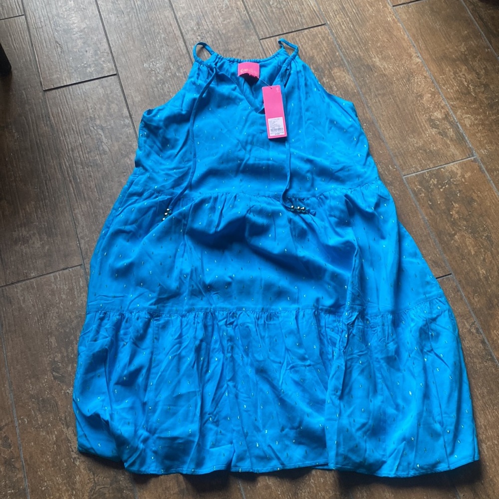 Lilly Pulitzer rayon dress. Size xs. Nwt. Turquoise w gold. Dress is lined.